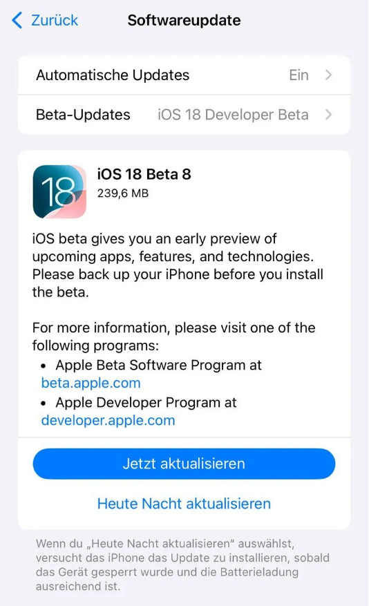 集宁苹果手机维修分享苹果 iOS / iPadOS 18 开发者预览版 Beta 8 发布 